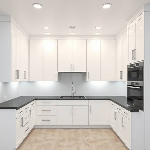 Cozinha modulada com armários brancos, bancada de granito preto e iluminaäão embutida.