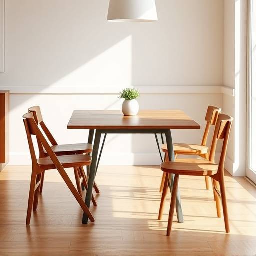 Mesa de jantar dobrável com design compacto e cadeiras de madeira.